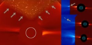  March 20th, something exploded on the farside of the sun. The Solar and Heliospheric Observatory (SOHO) saw the debris flying over the sun's eastern limb.